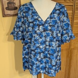 MICHAEL KORS Blue Floral w/ Gold Metallic Accents V-Neck Top Ruffled Sleeves L